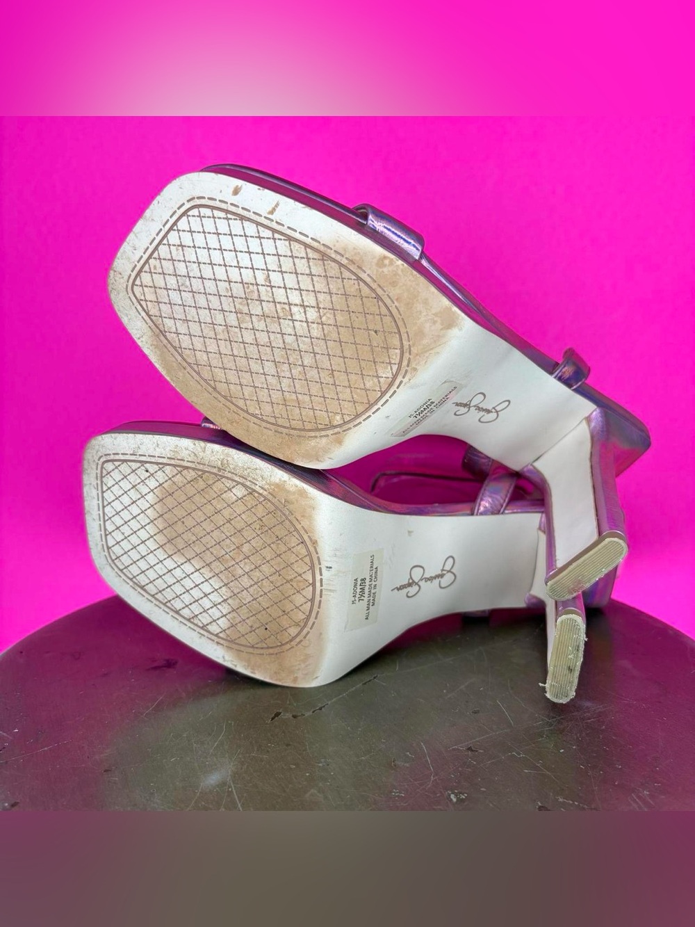 Jessica Simpson Adonia Iridescent Pink Square Toe High Heel Sandal US 7.5 UK 5 - Picture 5 of 6